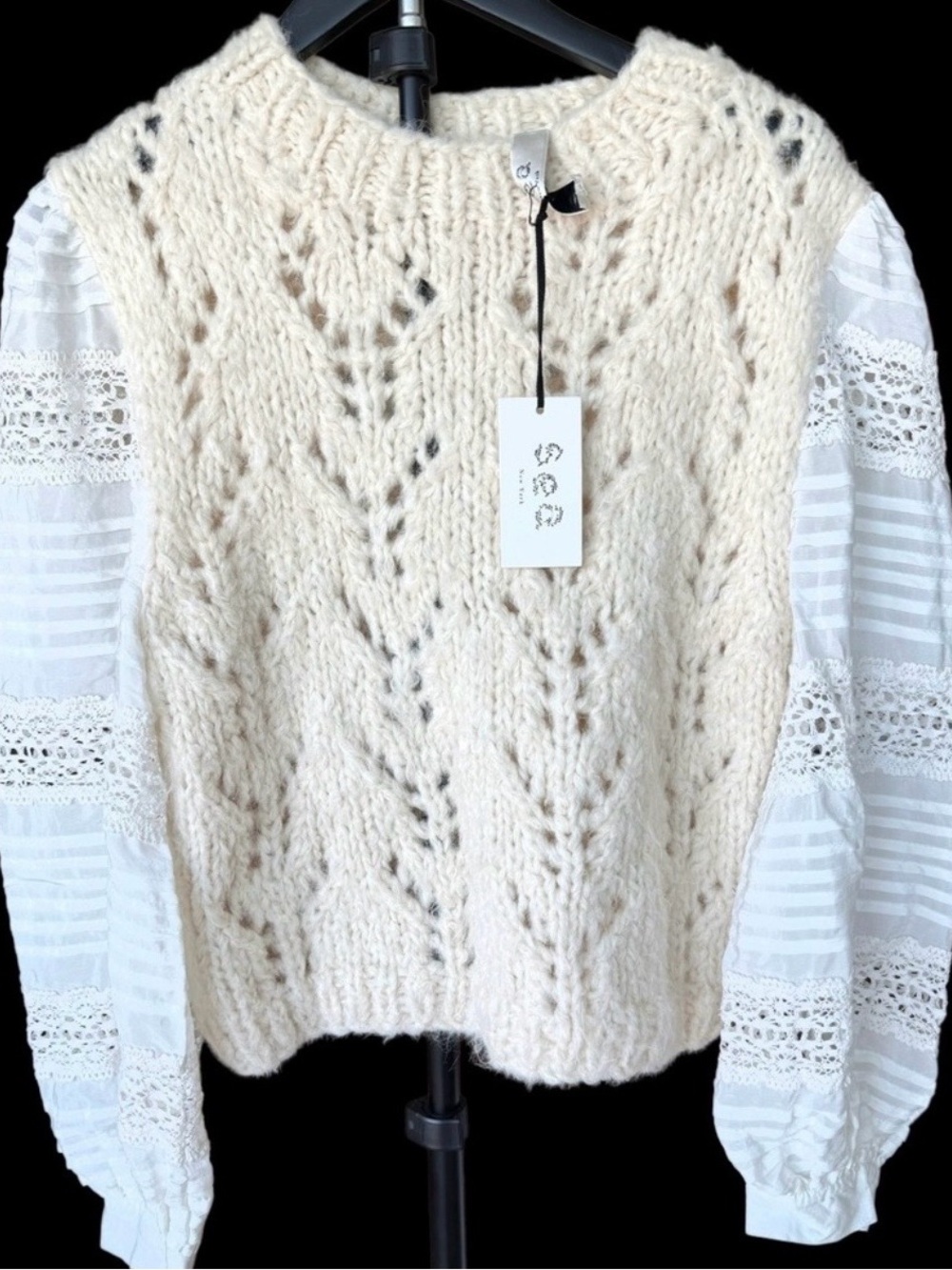 Sea New York Womens Alpaca Knit Sweater Lace Puff Sleeve Ivory Romantic